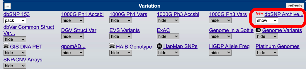 The 
variation section now has the dbSNP Archive track.