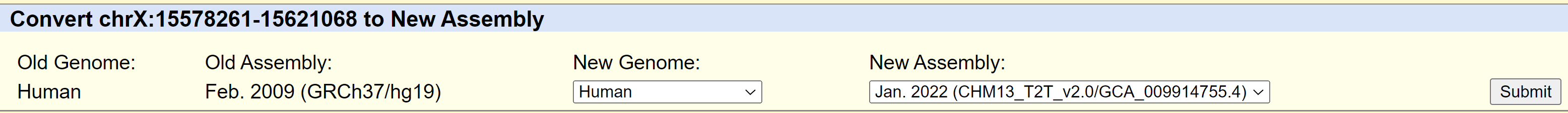 Using hgConvert tool
to see coordinates between hg38 and CHM13.